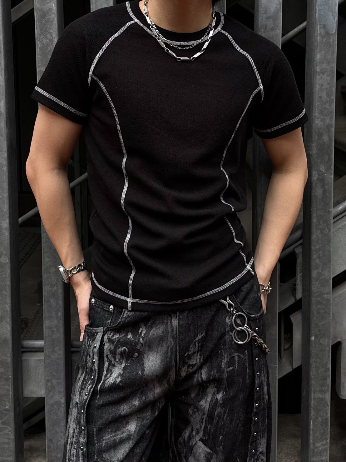 HEP FIVE店WEB限定受注制【Chikashitsu +】contrast stitch slim tee (3color)