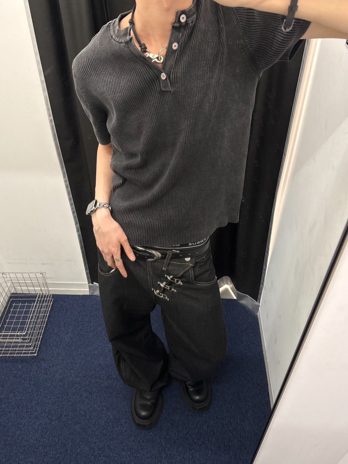 HEP FIVE店WEB限定受注制【Chikashitsu +】pigment wash henley neck knit tee (2color)