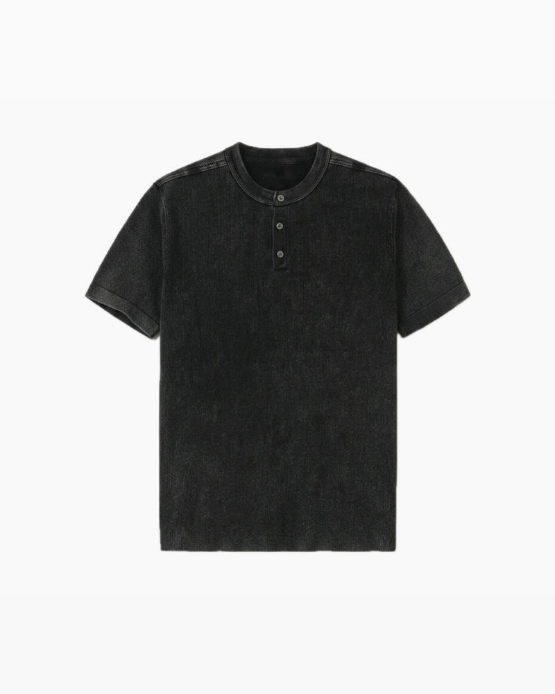HEP FIVE店WEB限定受注制【Chikashitsu +】pigment wash henley neck knit tee (2color)