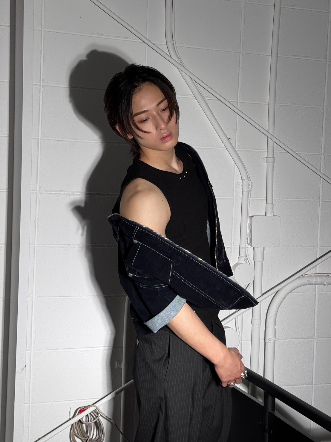 HEP FIVE店WEB限定受注制【Chikashitsu +】velour denim half sleeve zip-up jacket (2color)