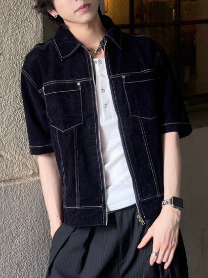 HEP FIVE店WEB限定受注制【Chikashitsu +】velour denim half sleeve zip-up jacket (2color)
