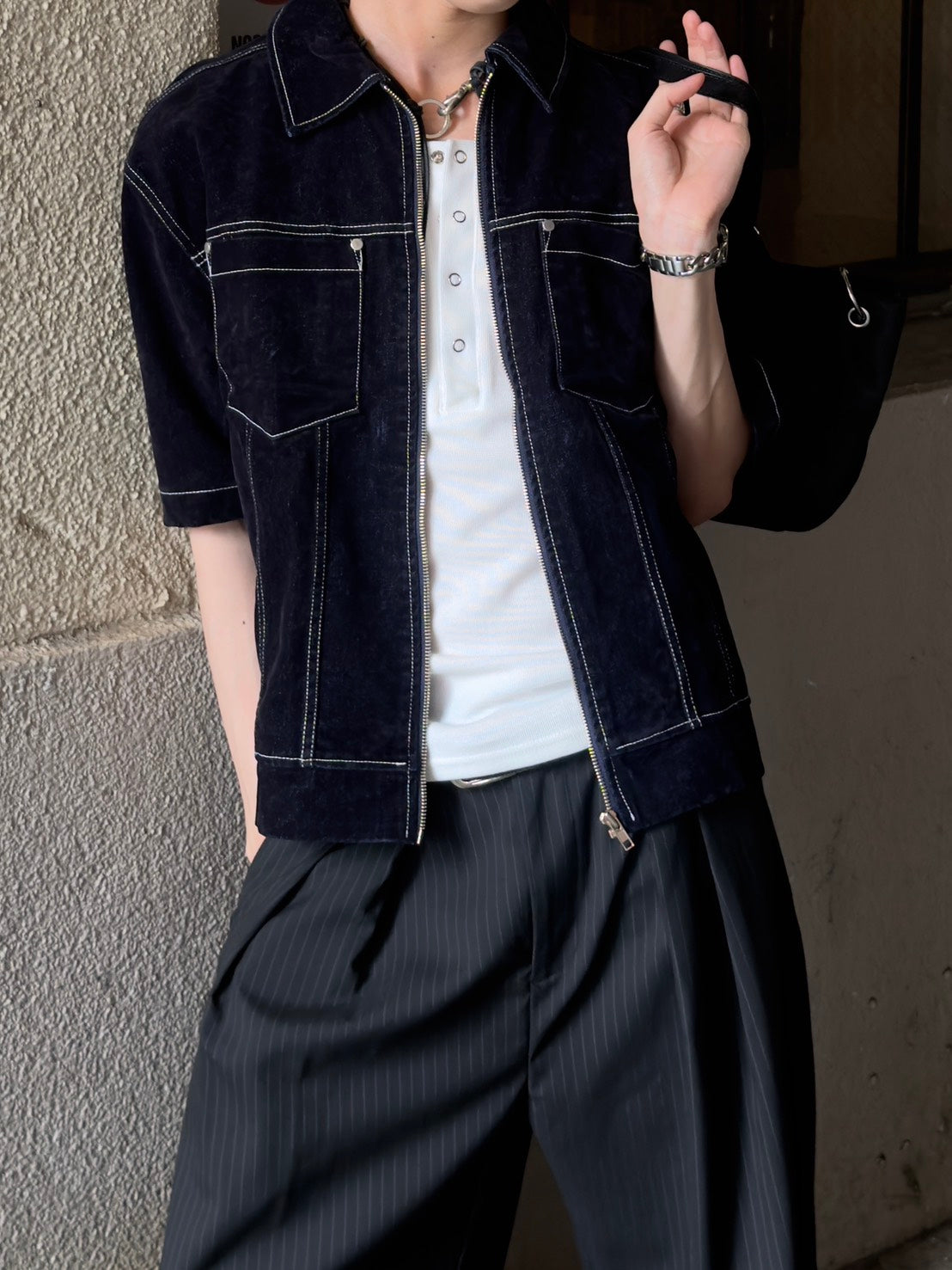 HEP FIVE店WEB限定受注制【Chikashitsu +】velour denim half sleeve zip-up jacket (2color)