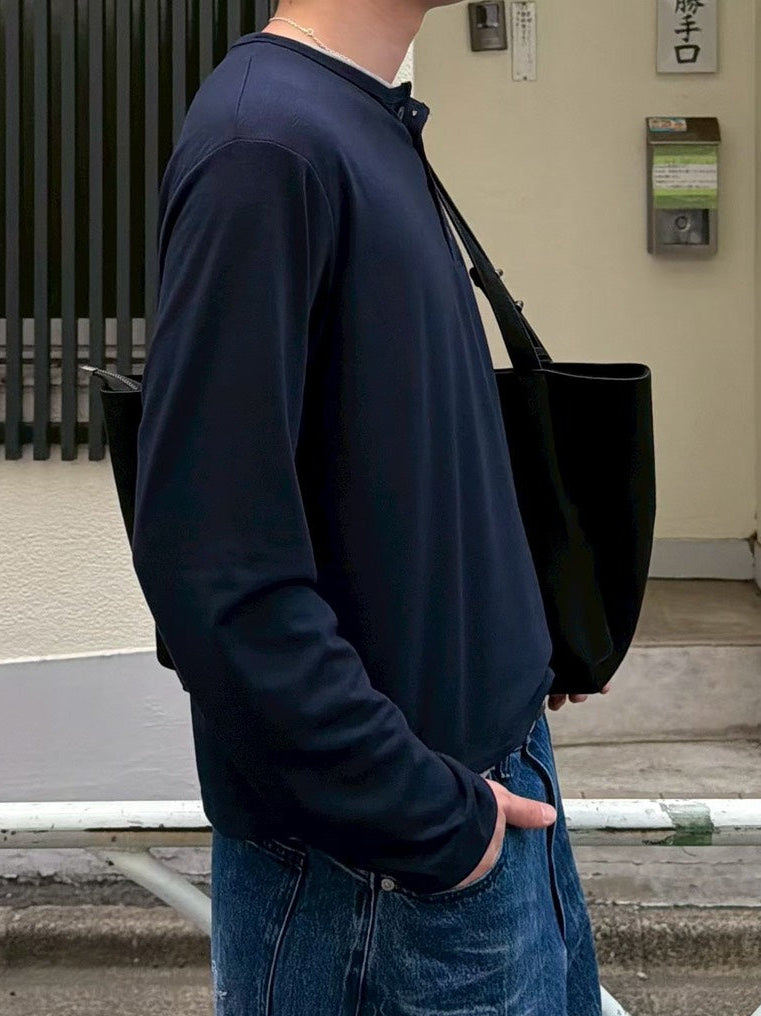 【Chikashitsu +】cropped double layered henley neck long sleeve (3color)