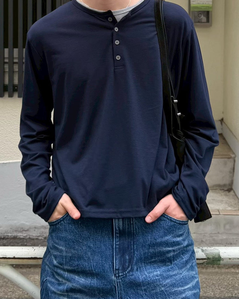 受注制【Chikashitsu +】cropped double layered henley neck long sleeve (3color)