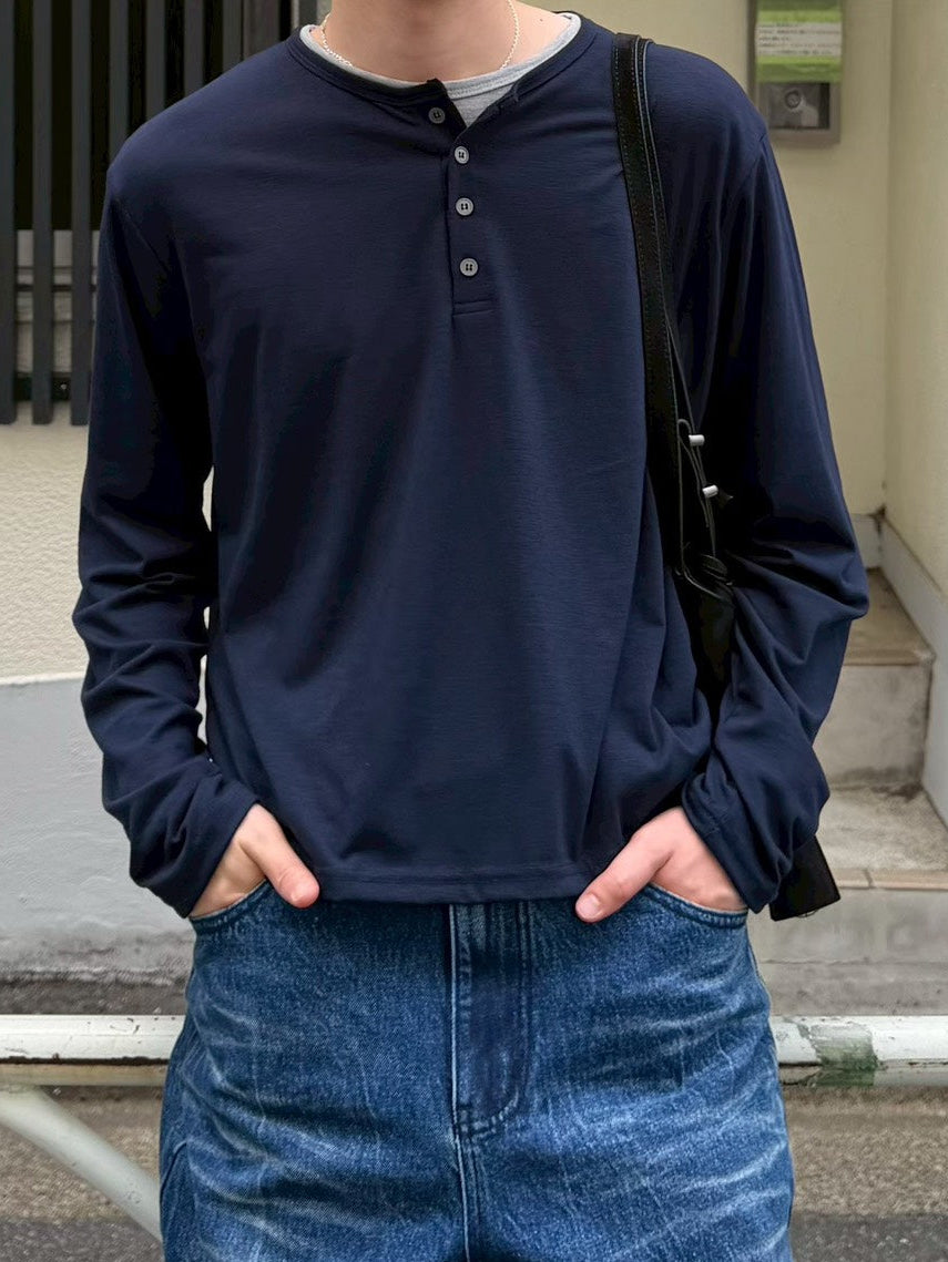 【Chikashitsu +】cropped double layered henley neck long sleeve (3color)