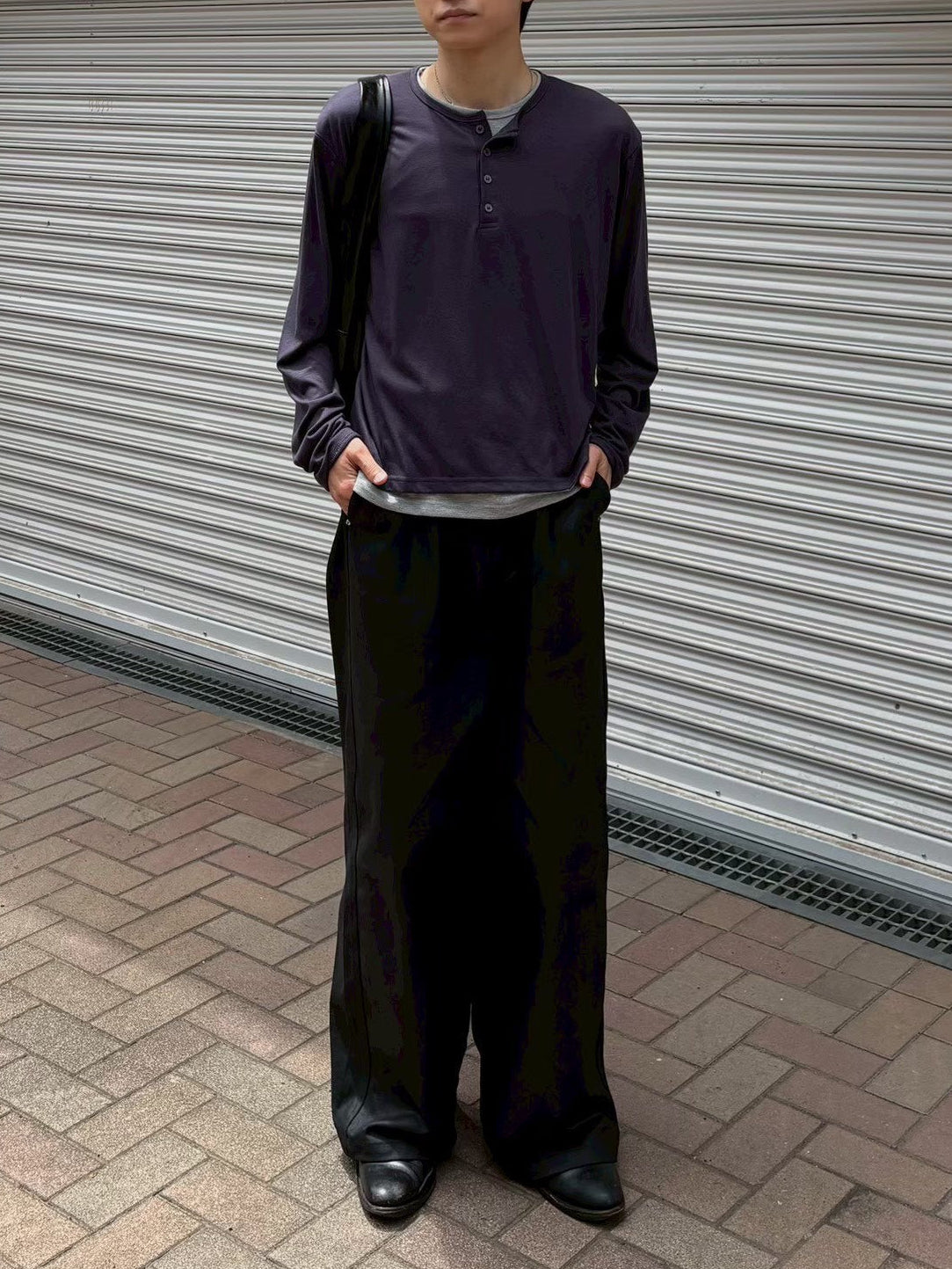 受注制【Chikashitsu +】cropped double layered henley neck long sleeve (3color)