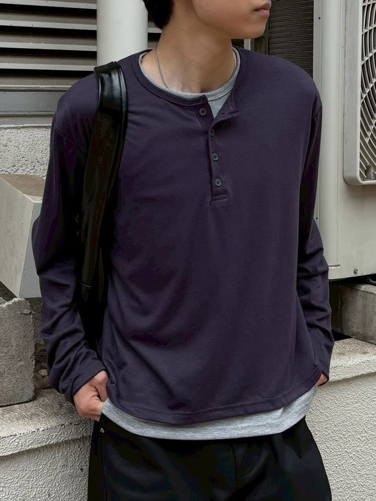 受注制【Chikashitsu +】cropped double layered henley neck long sleeve (3color)