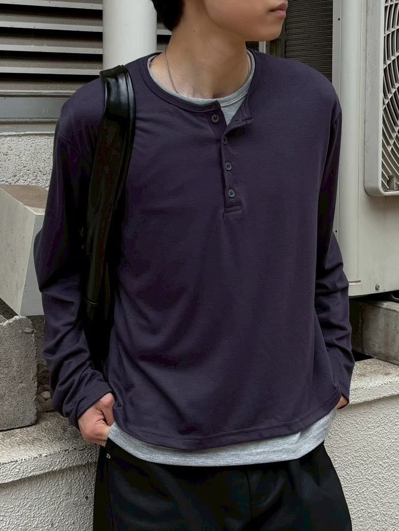 【Chikashitsu +】cropped double layered henley neck long sleeve (3color)