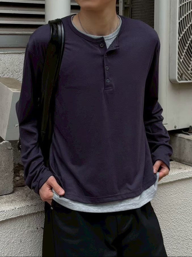 【Chikashitsu +】cropped double layered henley neck long sleeve (3color)