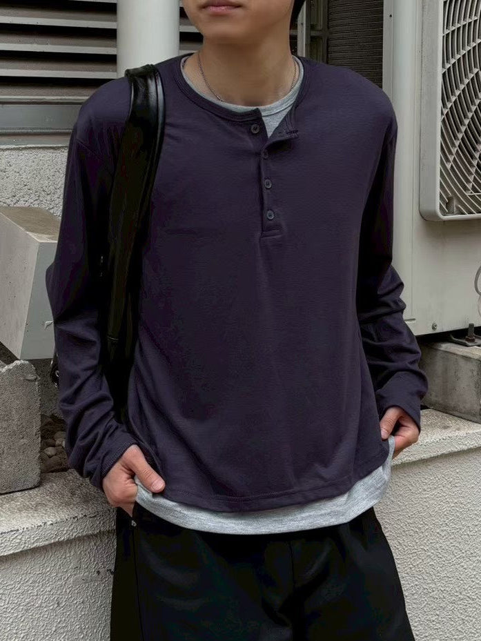 受注制【Chikashitsu +】cropped double layered henley neck long sleeve (3color)