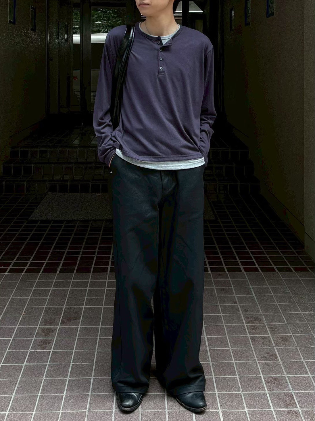 受注制【Chikashitsu +】cropped double layered henley neck long sleeve (3color)