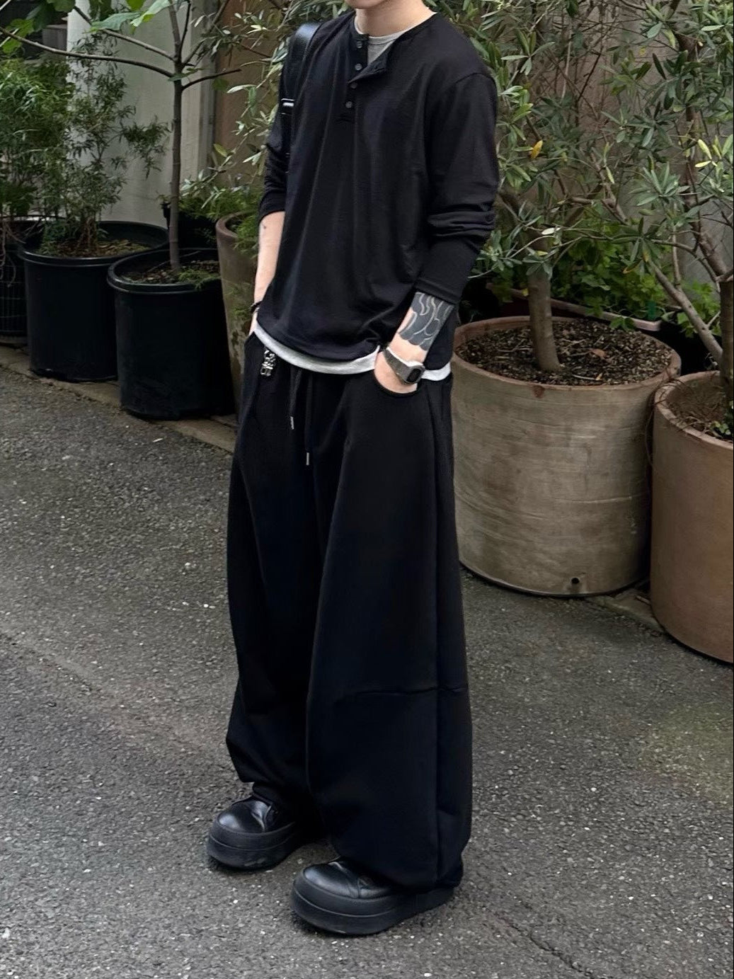 受注制【Chikashitsu +】cropped double layered henley neck long sleeve (3color)
