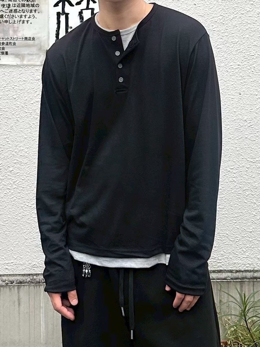 【Chikashitsu +】cropped double layered henley neck long sleeve (3color)