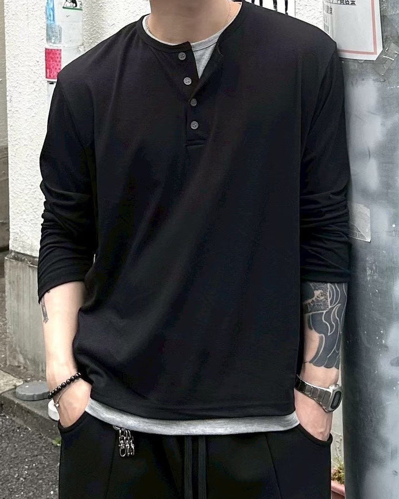 受注制【Chikashitsu +】cropped double layered henley neck long sleeve (3color)
