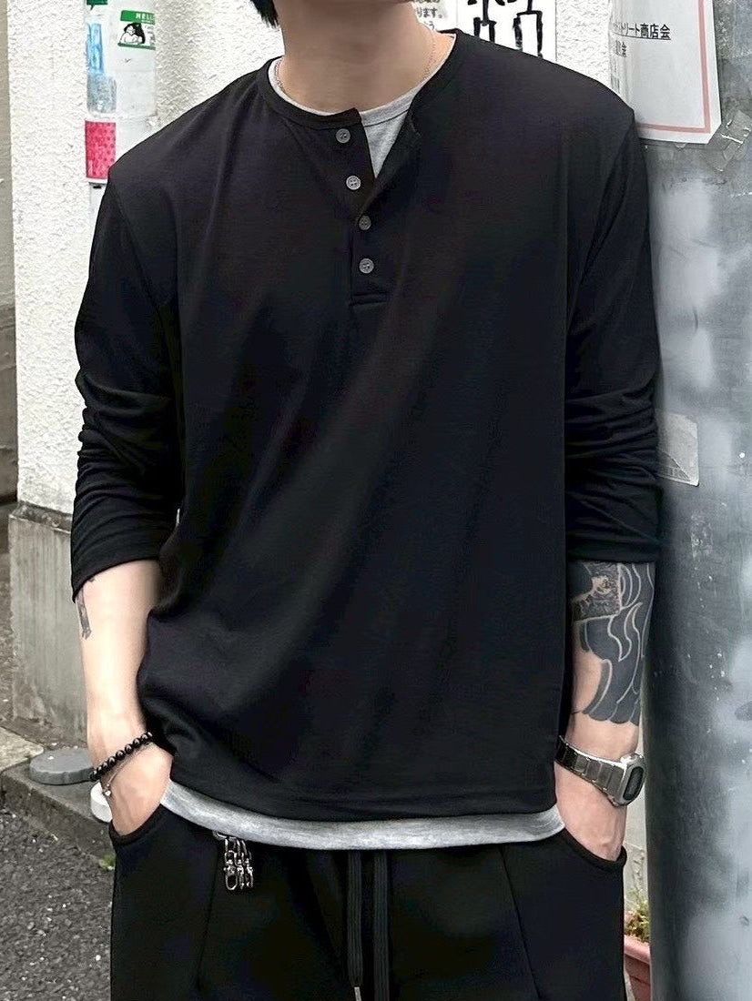 【Chikashitsu +】cropped double layered henley neck long sleeve (3color)