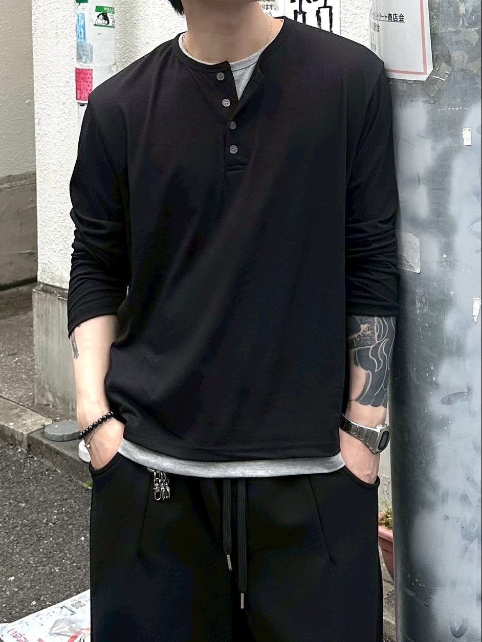 【Chikashitsu +】cropped double layered henley neck long sleeve (3color)