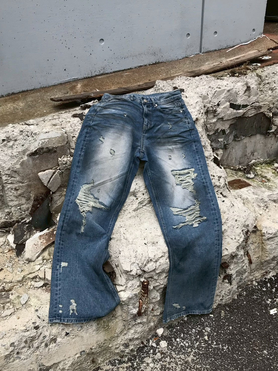 【OaKS】super-destroyed damage wide denim pants