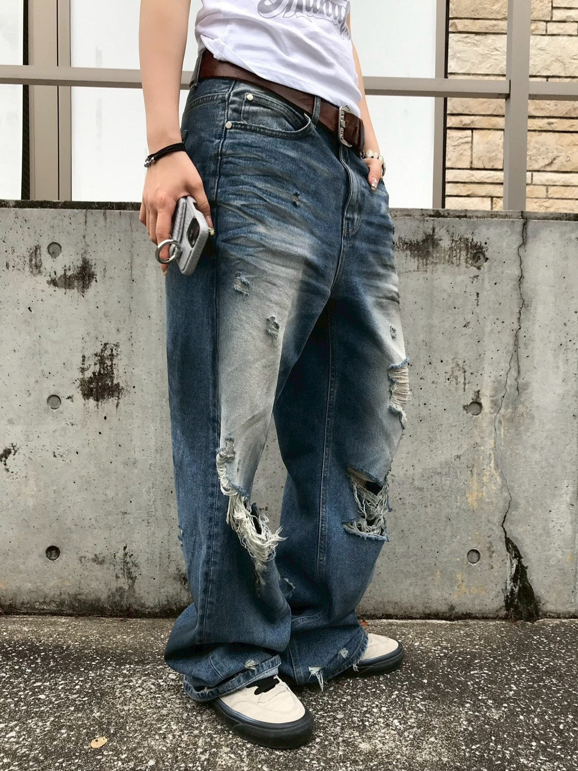 【OaKS】super-destroyed damage wide denim pants