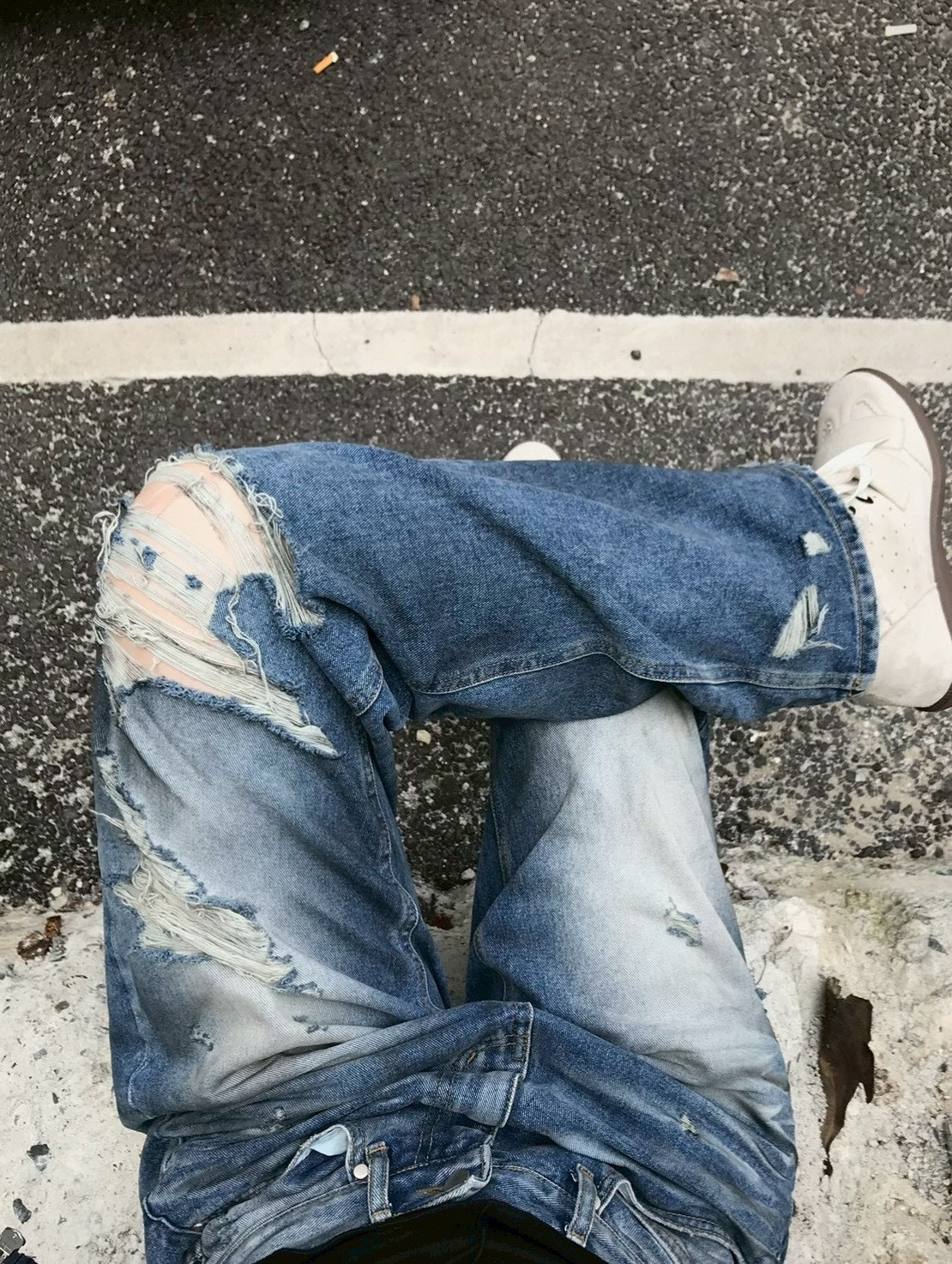 【OaKS】super-destroyed damage wide denim pants