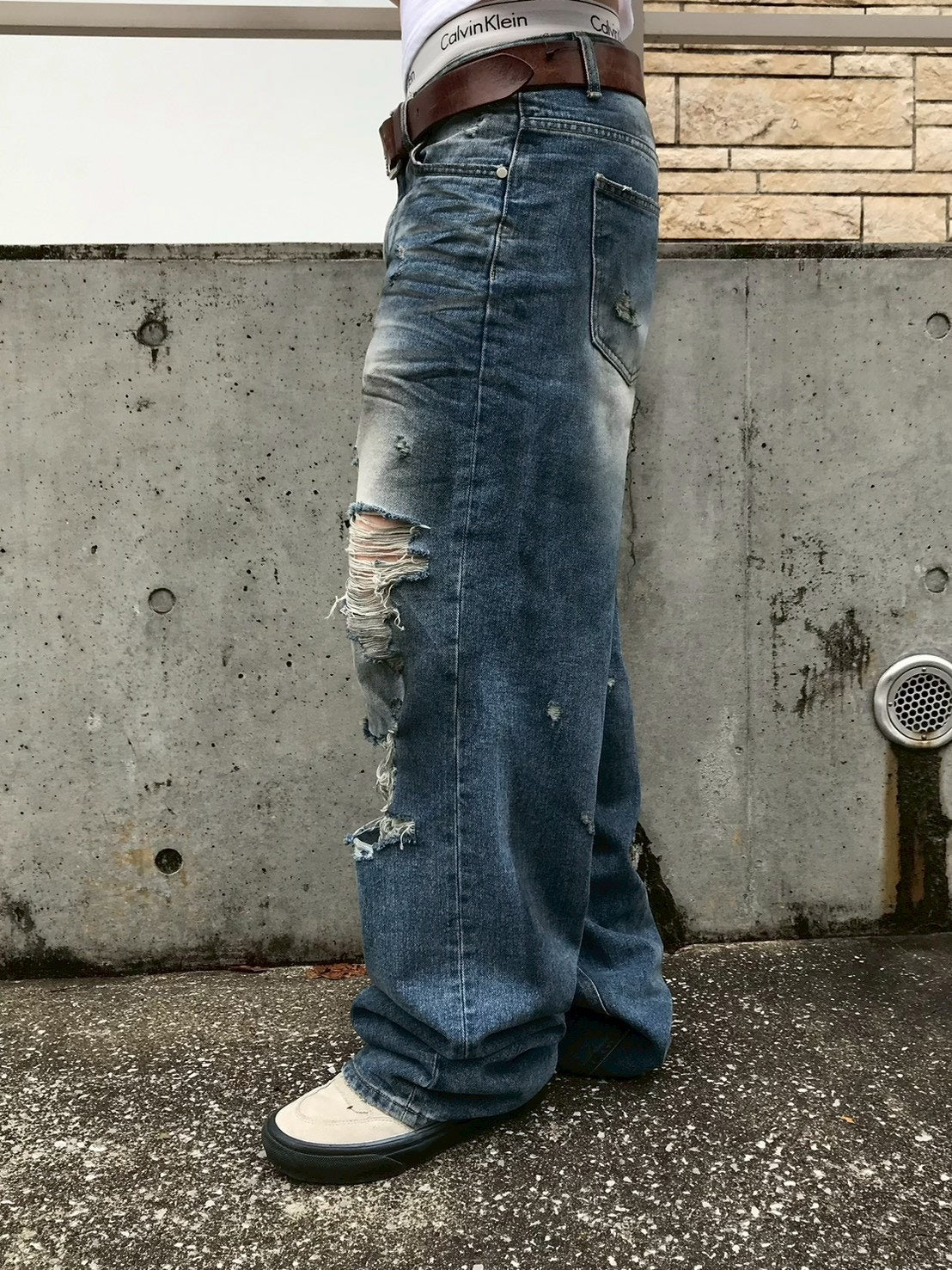 【OaKS】super-destroyed damage wide denim pants