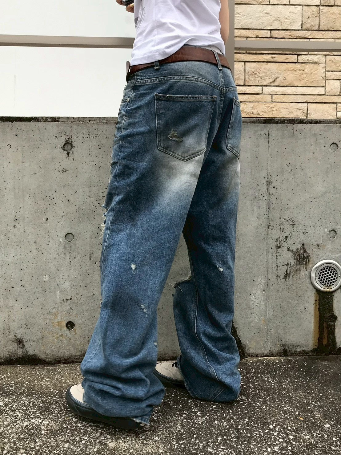 【OaKS】super-destroyed damage wide denim pants
