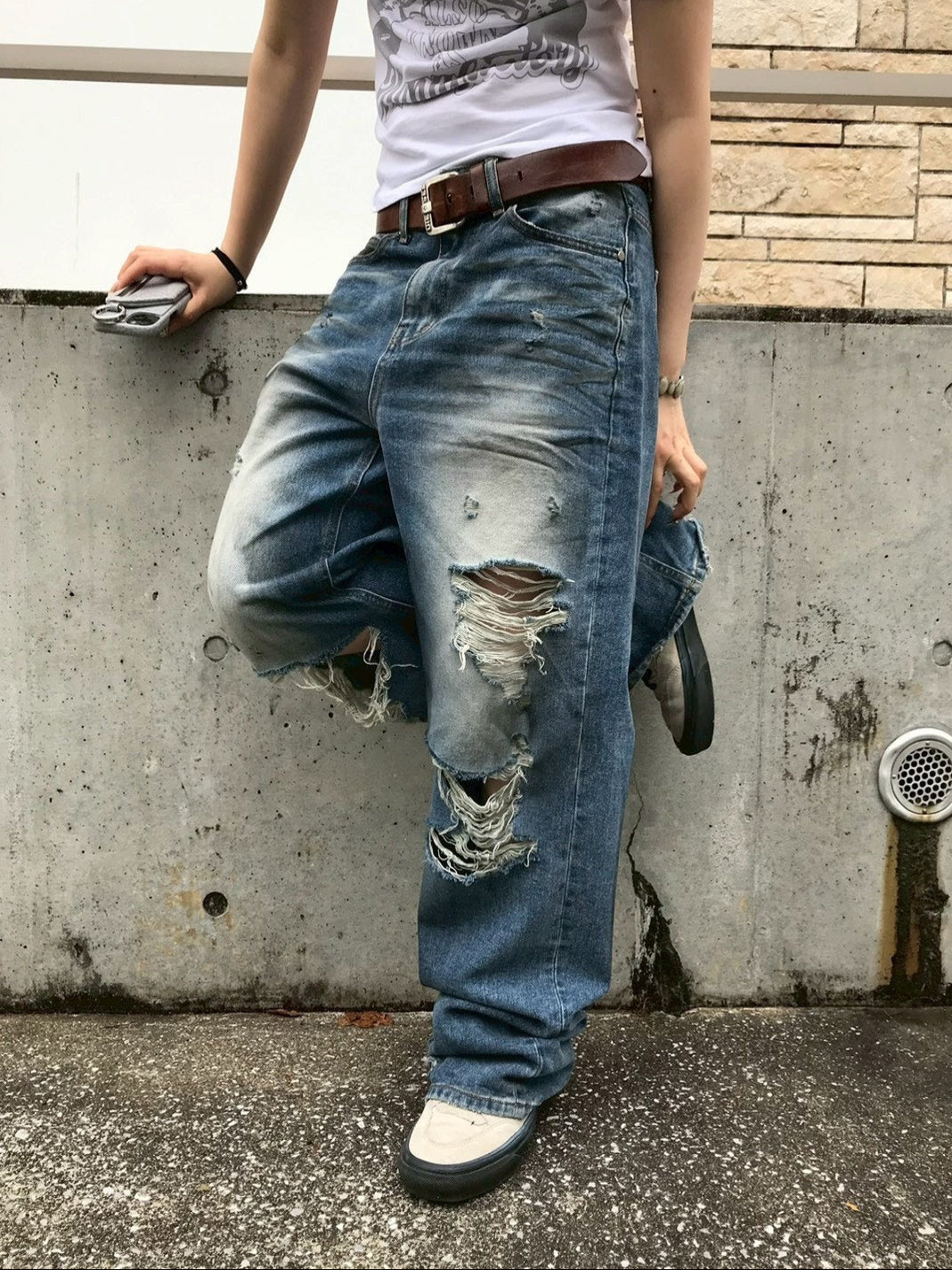 【OaKS】super-destroyed damage wide denim pants
