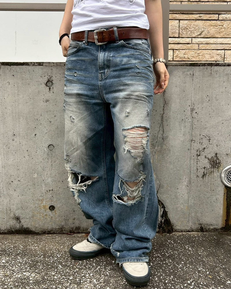 受注制【OaKS】super-destroyed damage wide denim pants