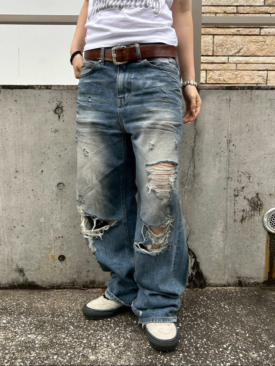 【OaKS】super-destroyed damage wide denim pants