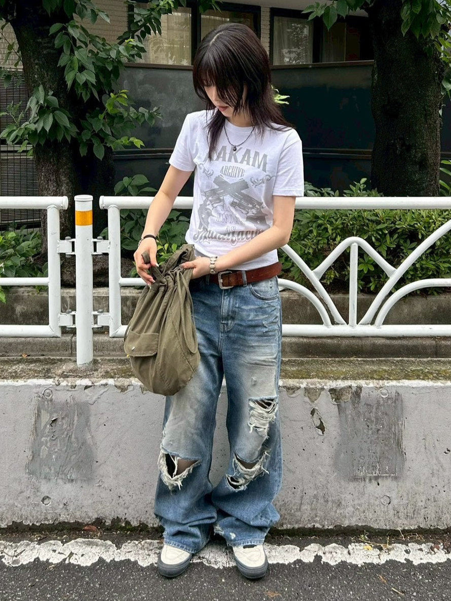 受注制【OaKS】super-destroyed damage wide denim pants
