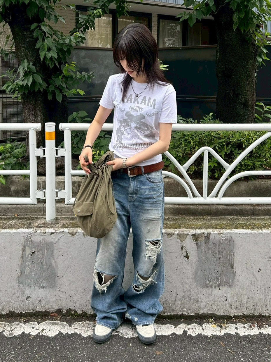 【OaKS】super-destroyed damage wide denim pants