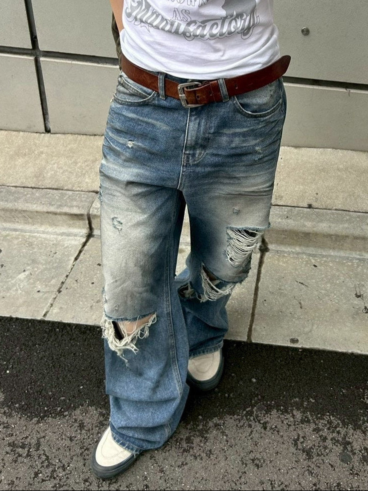 【OaKS】super-destroyed damage wide denim pants