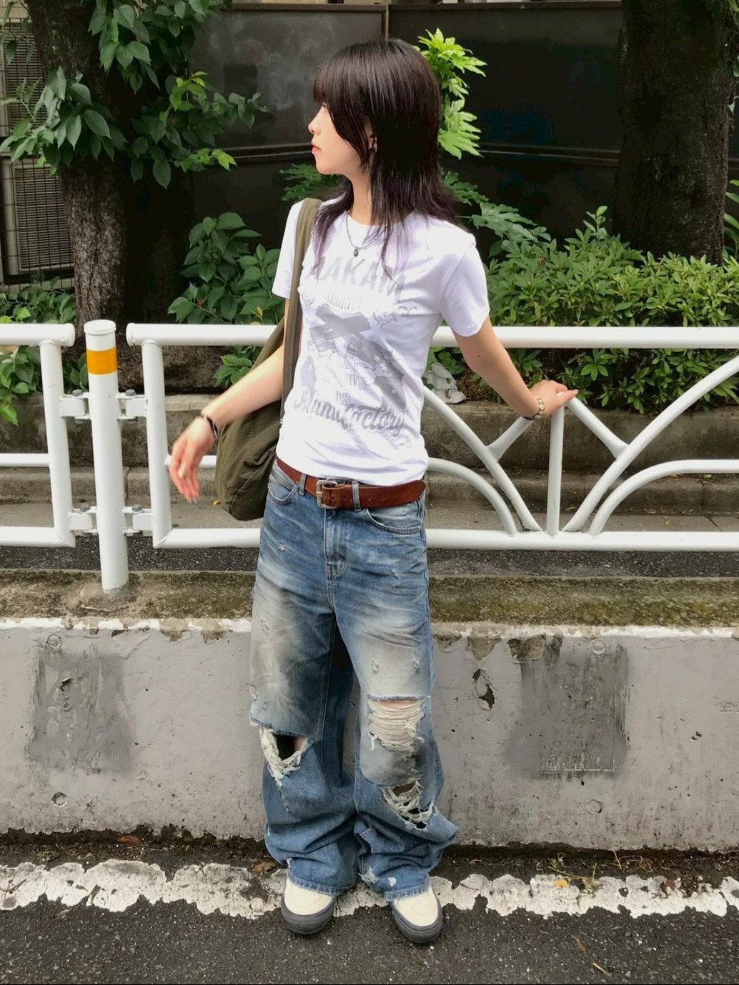 【OaKS】super-destroyed damage wide denim pants
