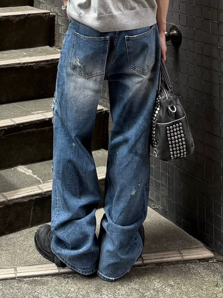 【OaKS】super-destroyed damage wide denim pants