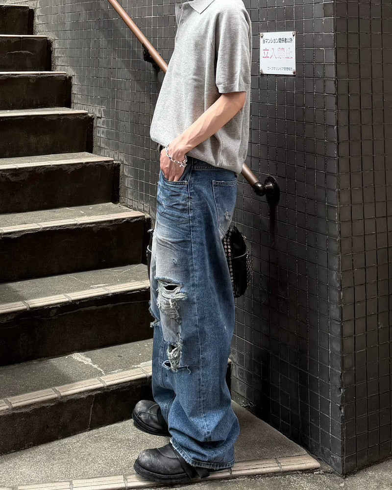 【OaKS】super-destroyed damage wide denim pants