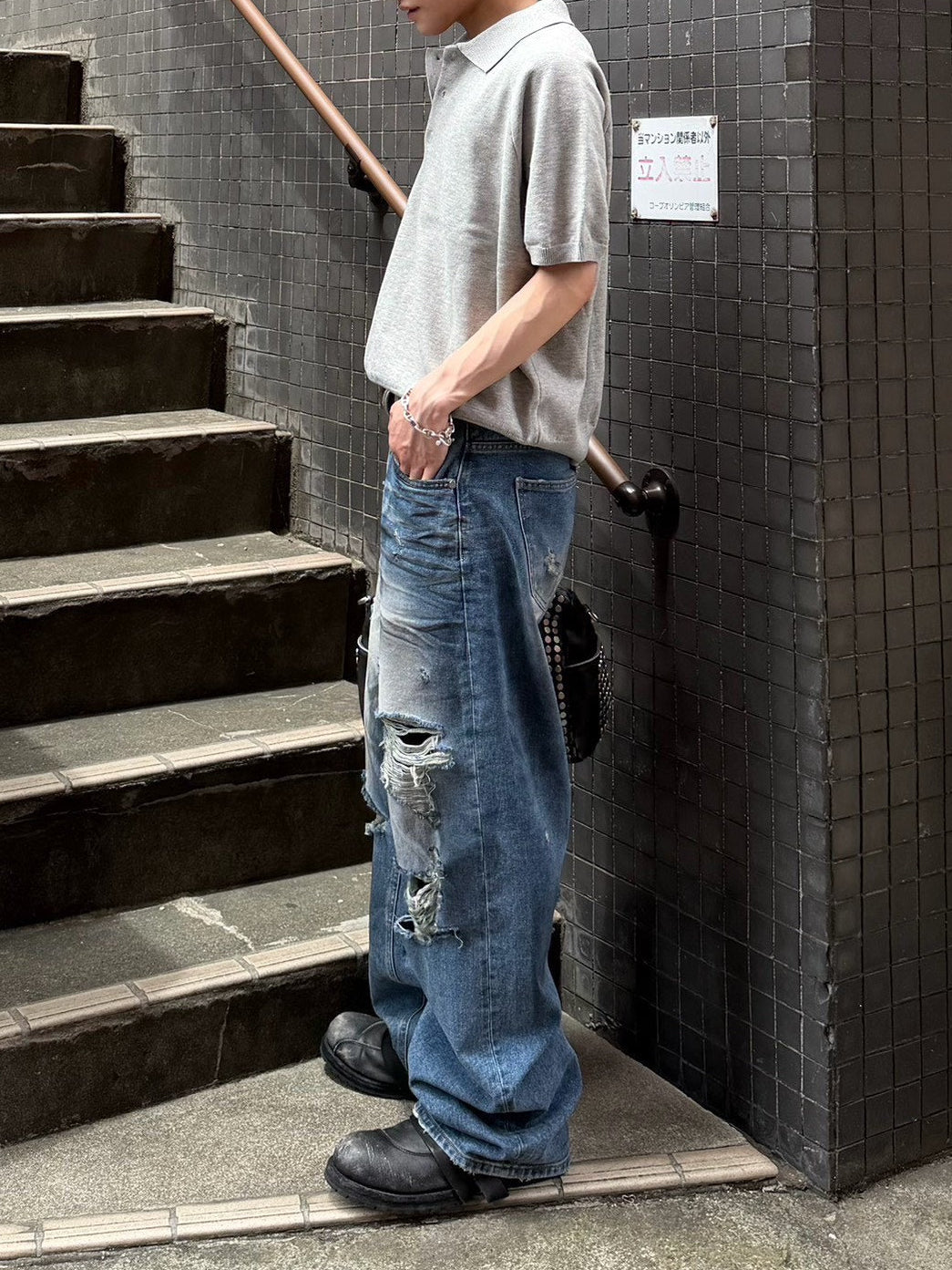 【OaKS】super-destroyed damage wide denim pants