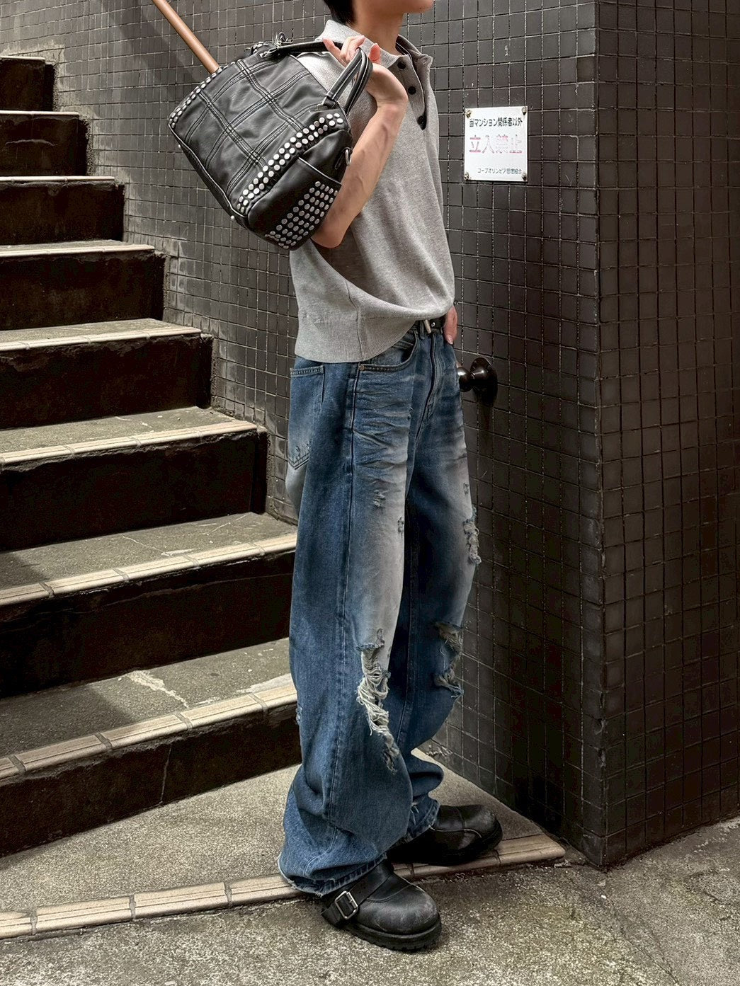 受注制【OaKS】super-destroyed damage wide denim pants