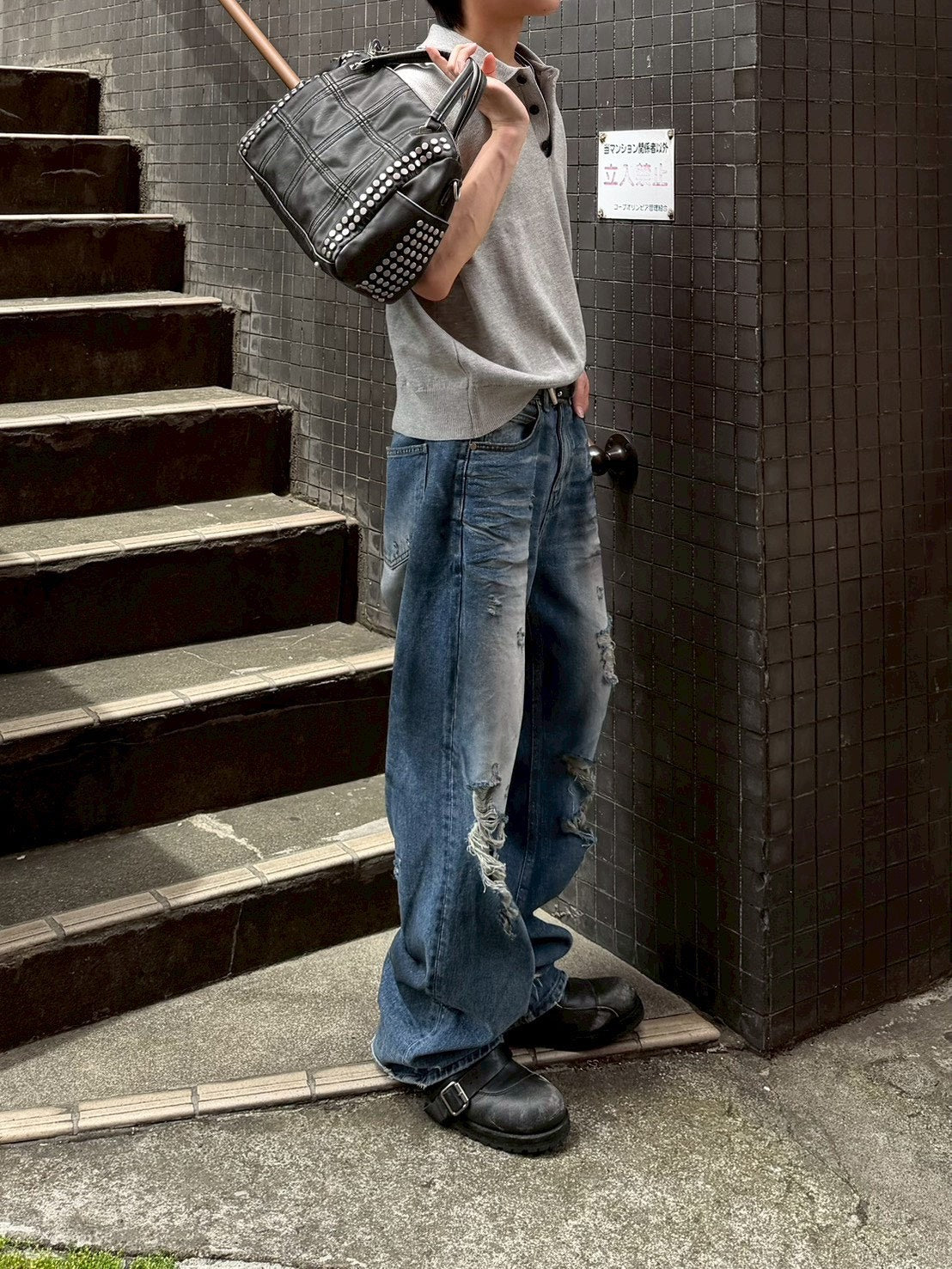 【OaKS】super-destroyed damage wide denim pants