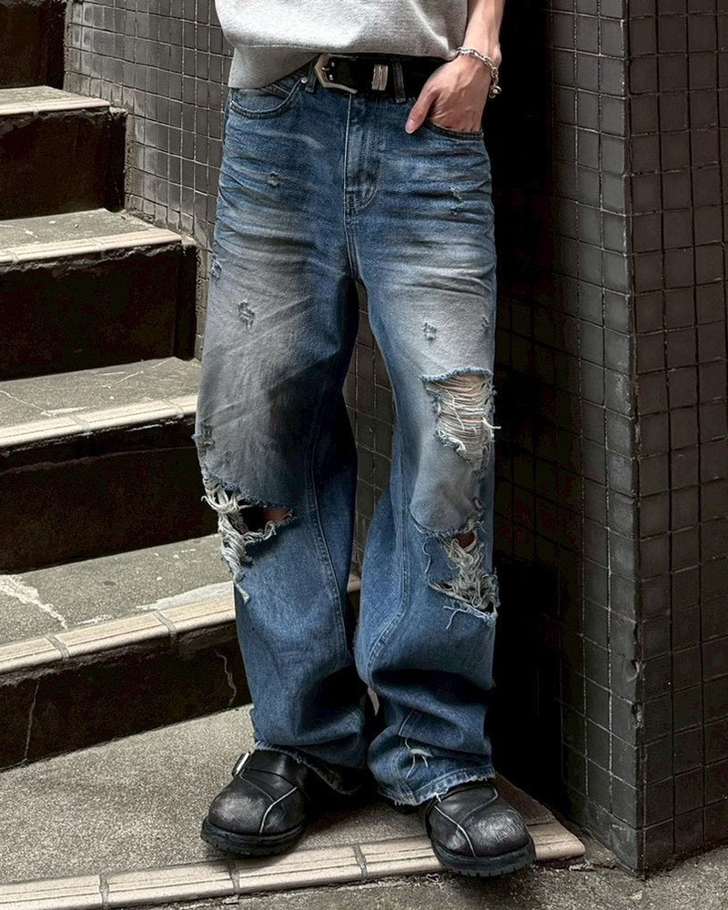 【OaKS】super-destroyed damage wide denim pants