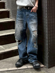 【OaKS】super-destroyed damage wide denim pants