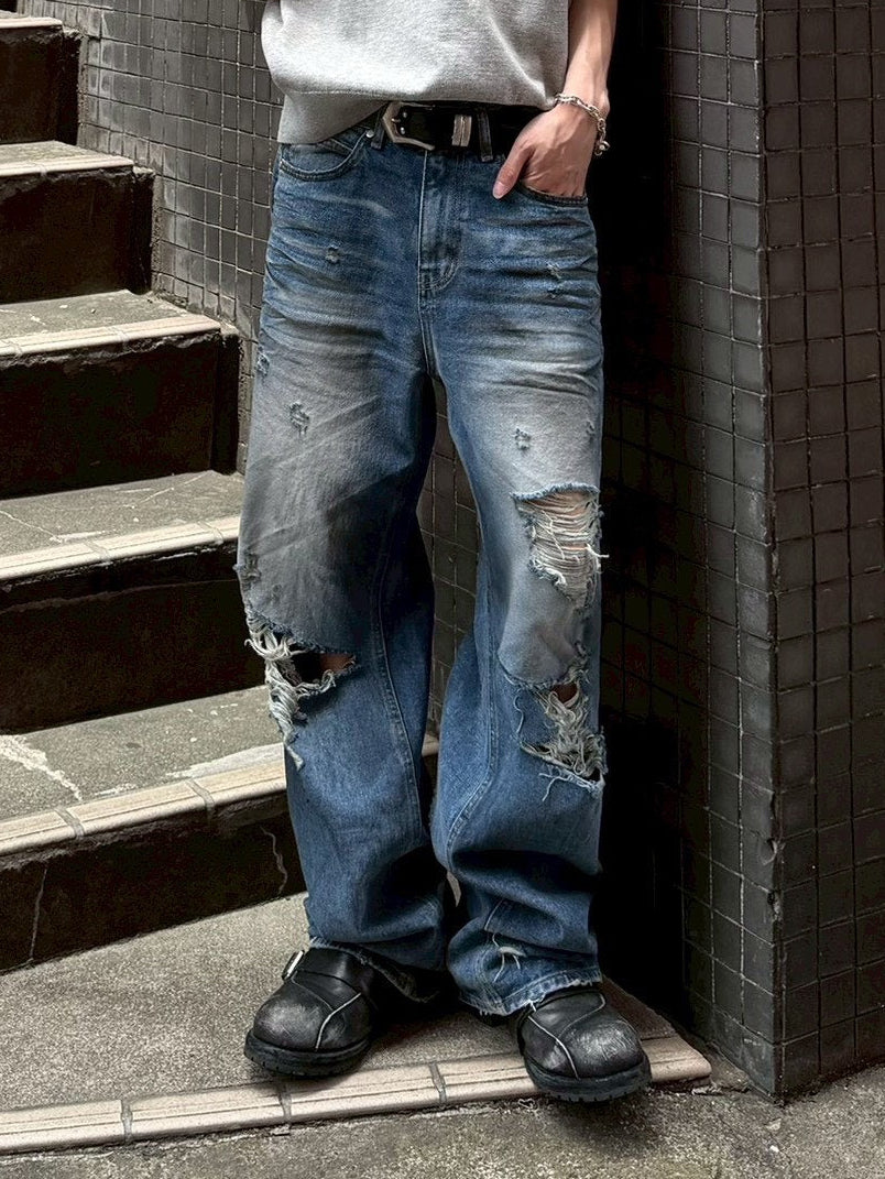 【OaKS】super-destroyed damage wide denim pants