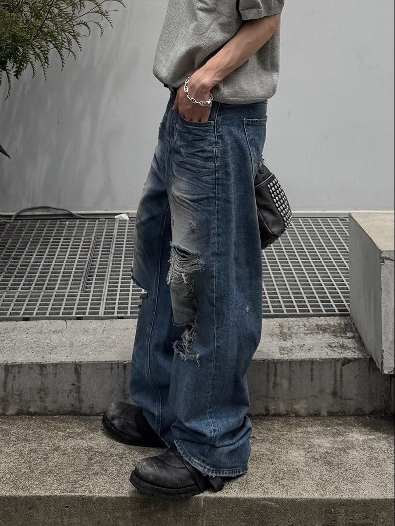 【OaKS】super-destroyed damage wide denim pants