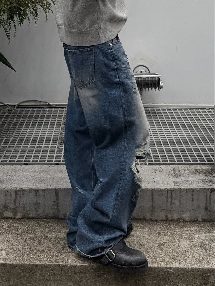 【OaKS】super-destroyed damage wide denim pants