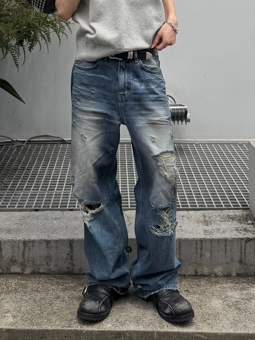 【OaKS】super-destroyed damage wide denim pants