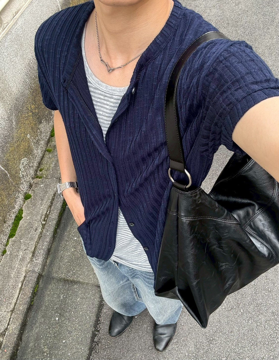 受注制【Chikashitsu +】no collar half sleeve cardigan (3color)