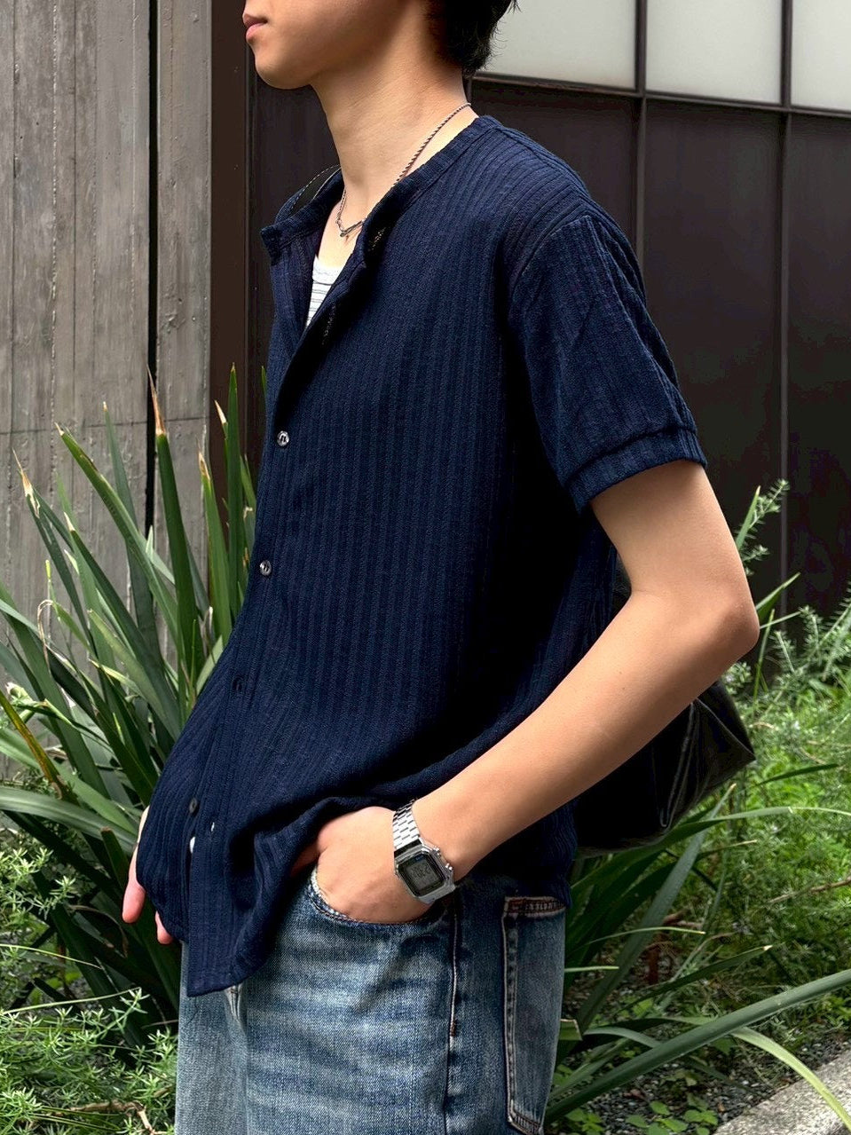 受注制【Chikashitsu +】no collar half sleeve cardigan (3color)