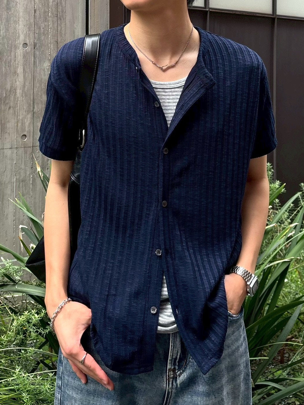 受注制【Chikashitsu +】no collar half sleeve cardigan (3color)