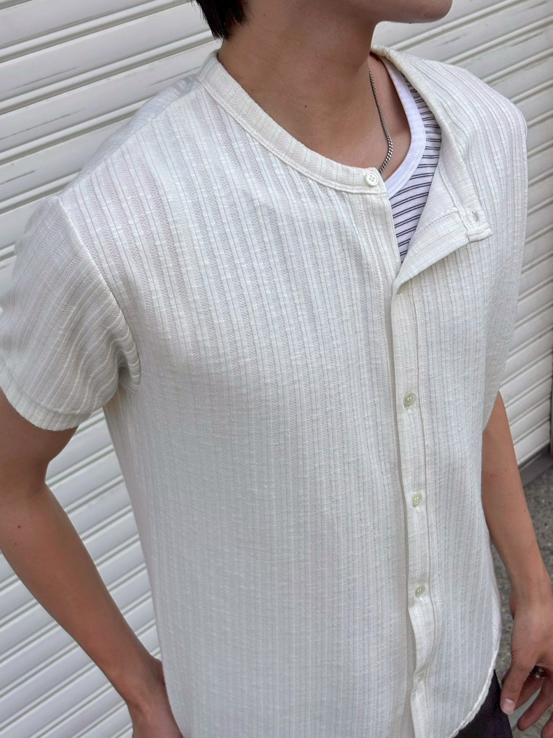 受注制【Chikashitsu +】no collar half sleeve cardigan (3color)