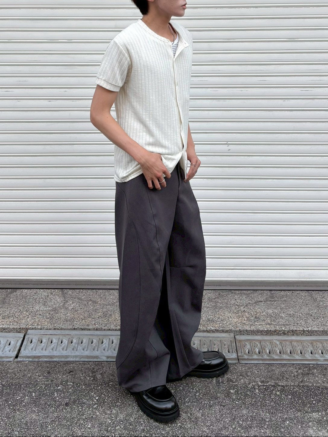 受注制【Chikashitsu +】no collar half sleeve cardigan (3color)