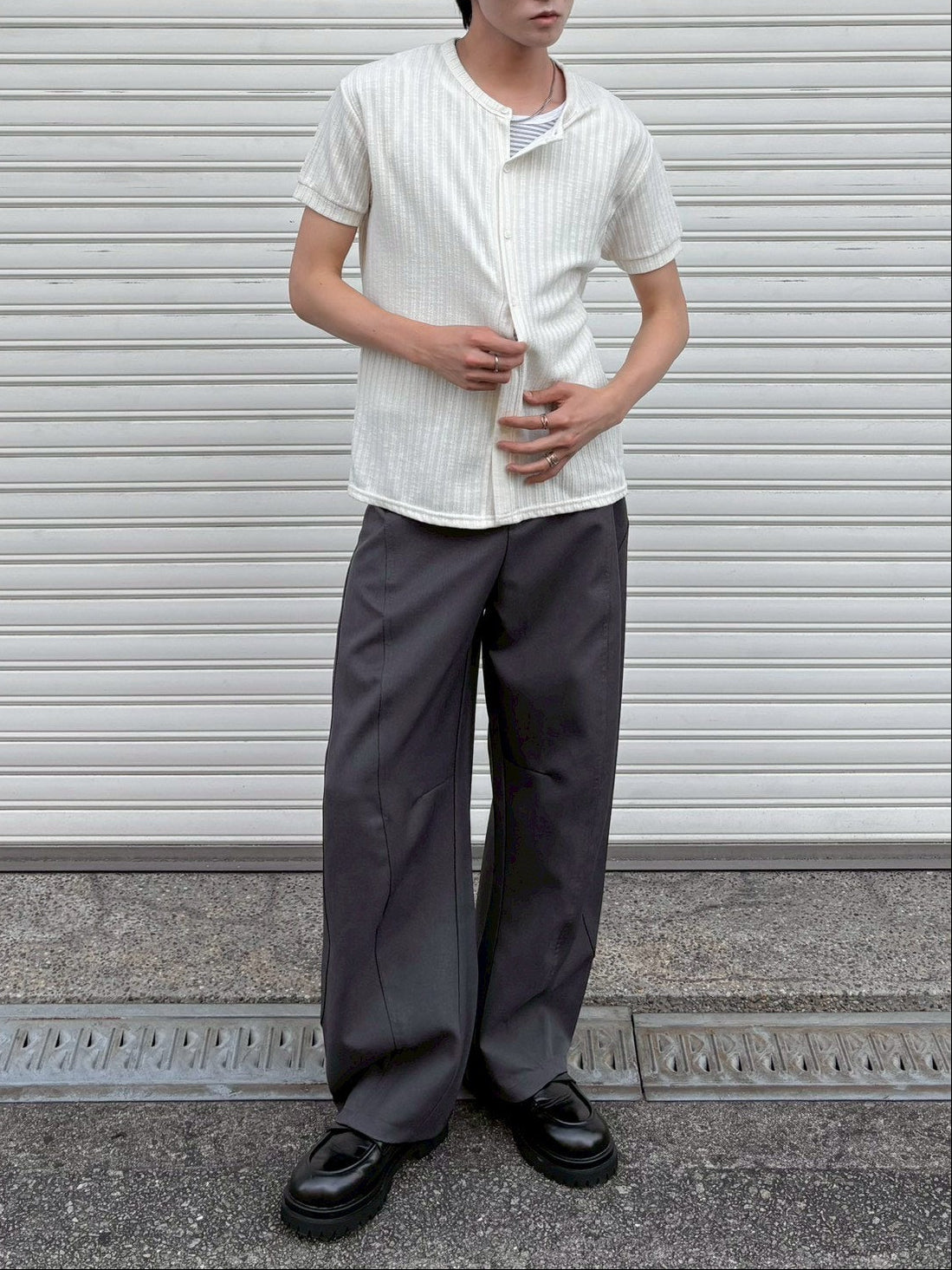 受注制【Chikashitsu +】no collar half sleeve cardigan (3color)