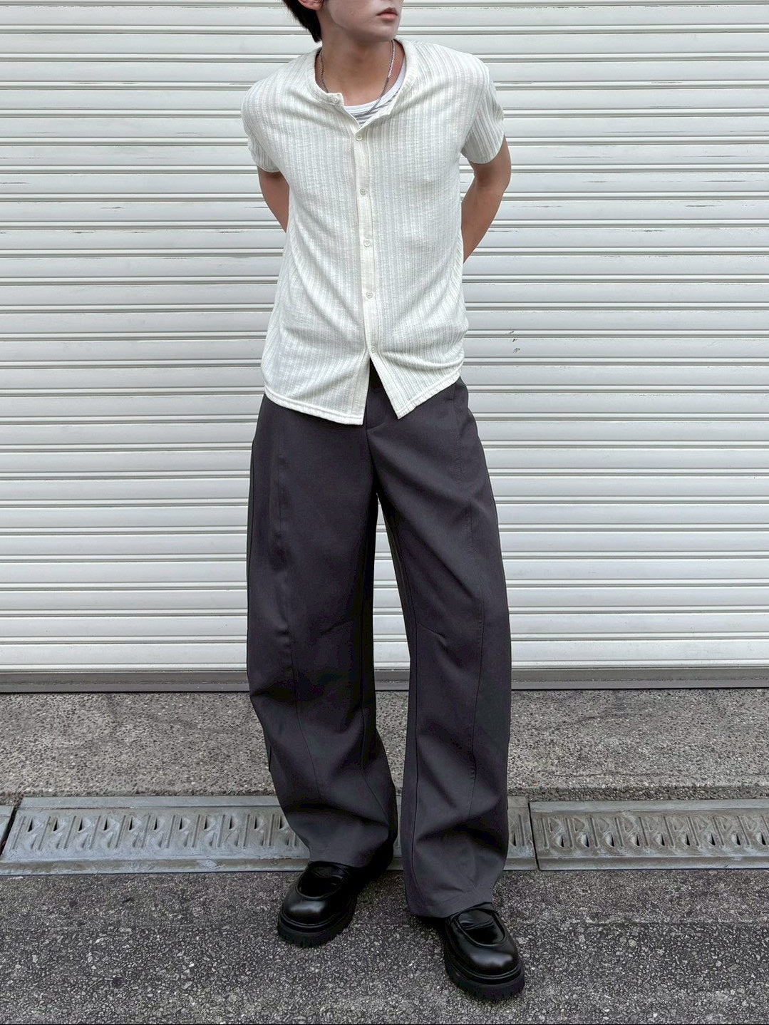 受注制【Chikashitsu +】no collar half sleeve cardigan (3color)